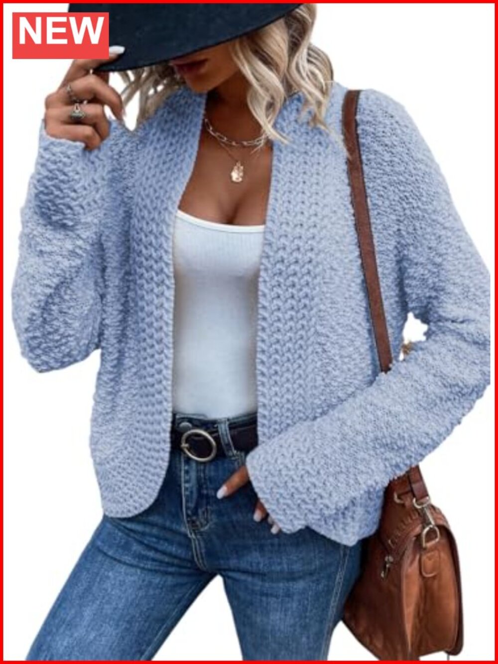 Cropped Open Front Chunky Knit Cardigan Sweater Long Sleeve